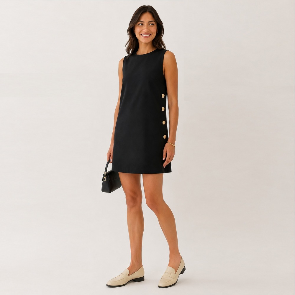 Hyacinth House by Tuckernuck Black Twill Bitsy Dress w/ Gold Buttons on Side XL